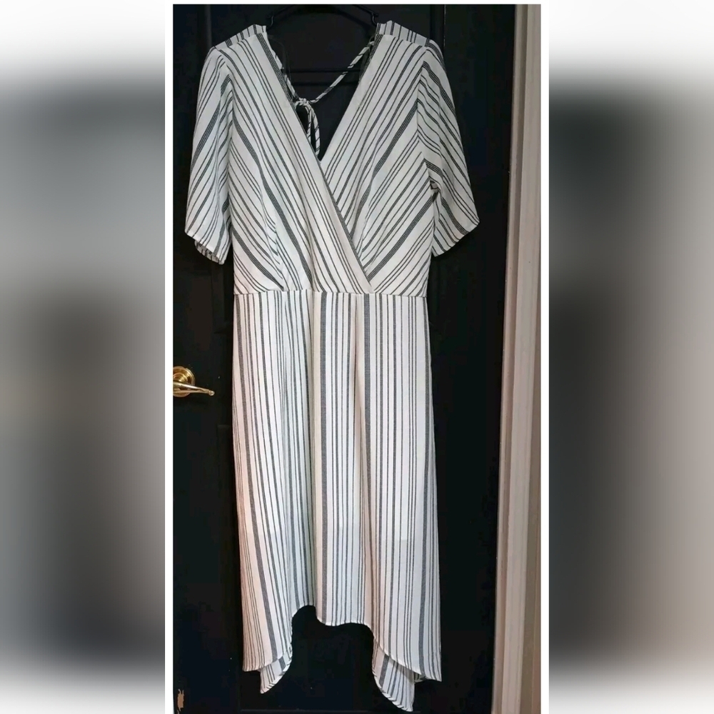 Maurices Black White Stripe Faux Wrap V-neck Flutter Sleeve Shark Bite Dress XL